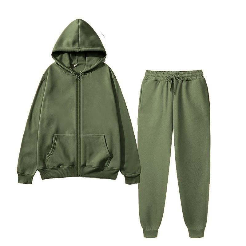 Womens Fleece Hooded Zip Tracksuit Loose Fit Solid Color Sportswear Set