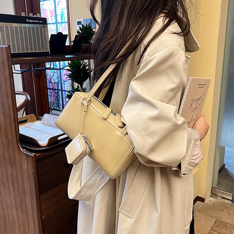 Women Fashion PU Leather Pillow Top Handle Shoulder Bags Retro Solid Color Underarm Bags With Small Purse Female Handbags ARI