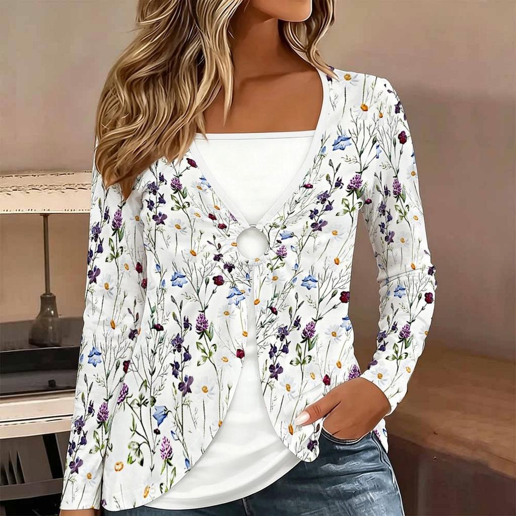 Tops for Women Flower Print Long Sleeve Fake Two‑Piece Top Fall Casual Slim Pullover Women's Long Sleeve Top