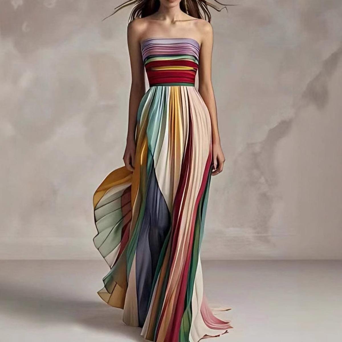 Women s Strapless Sleeveless Maxi Dress Slim Fit High Waist Elegant Rainbow Striped Pleated Evening Gown S