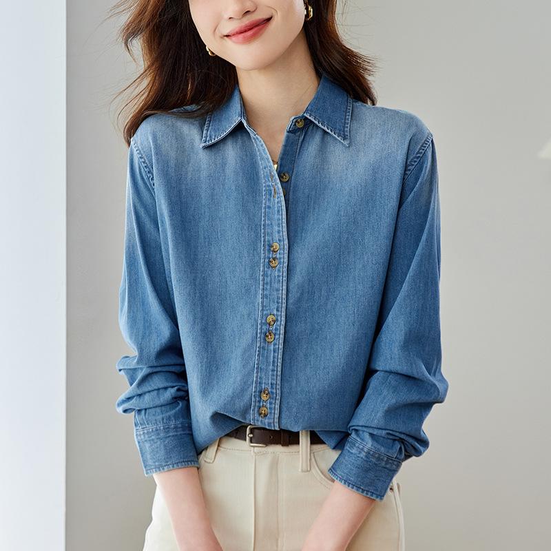

Градиентная синяя джинсовая рубашка для женской весны и осени, новые многослойные топы в гонконгском стиле, рубашка с плечами XXL