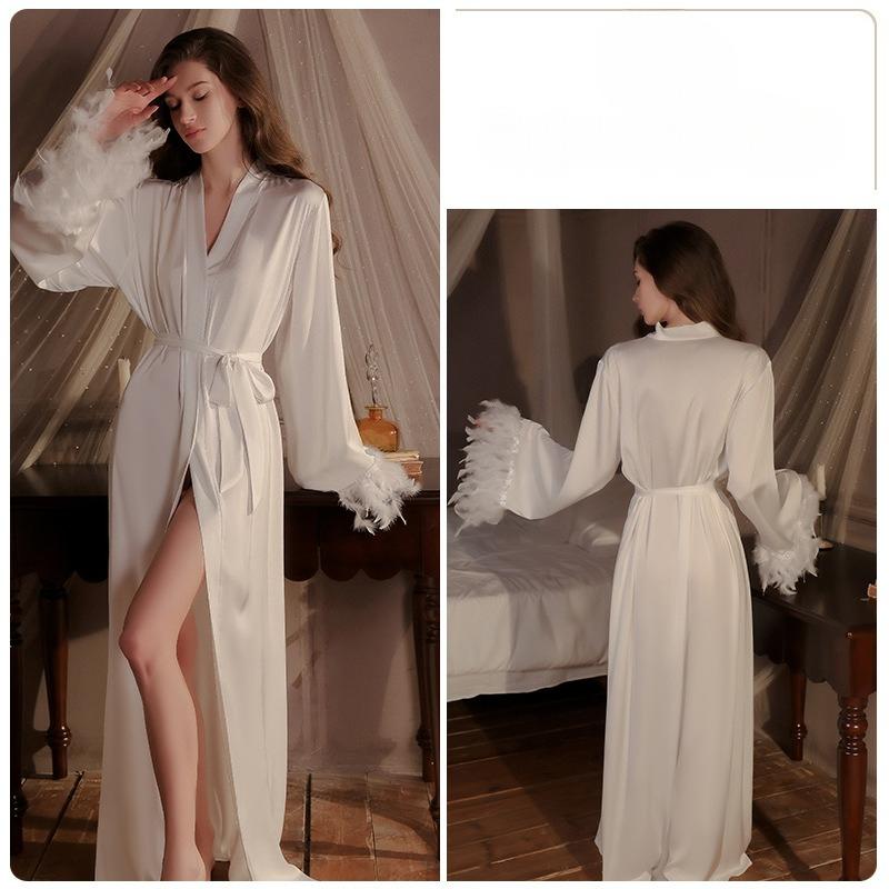 Damen Luxus Federbesetzter Morgenmantel Sexy Entspannter Stil Offen Vorne Loungewear Nachtwäsche