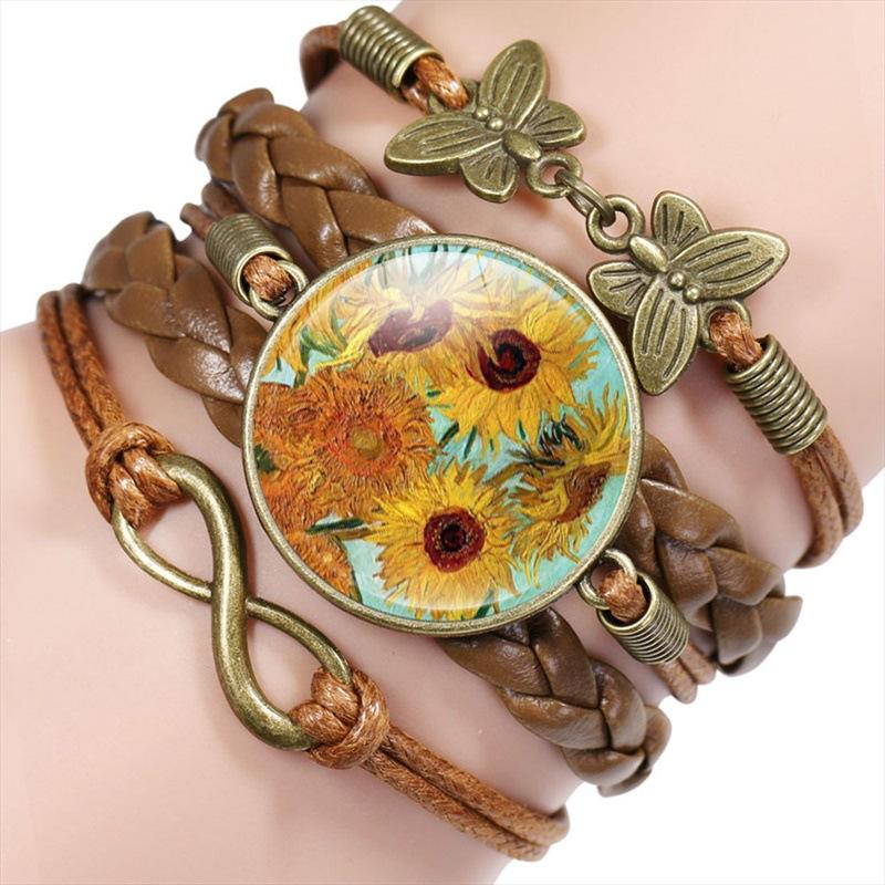 Vintage Handmade Leather Multi Layer Bracelet Butterfly Infinity Design Van Gogh Painting Crystal Bangle Jewelry Set