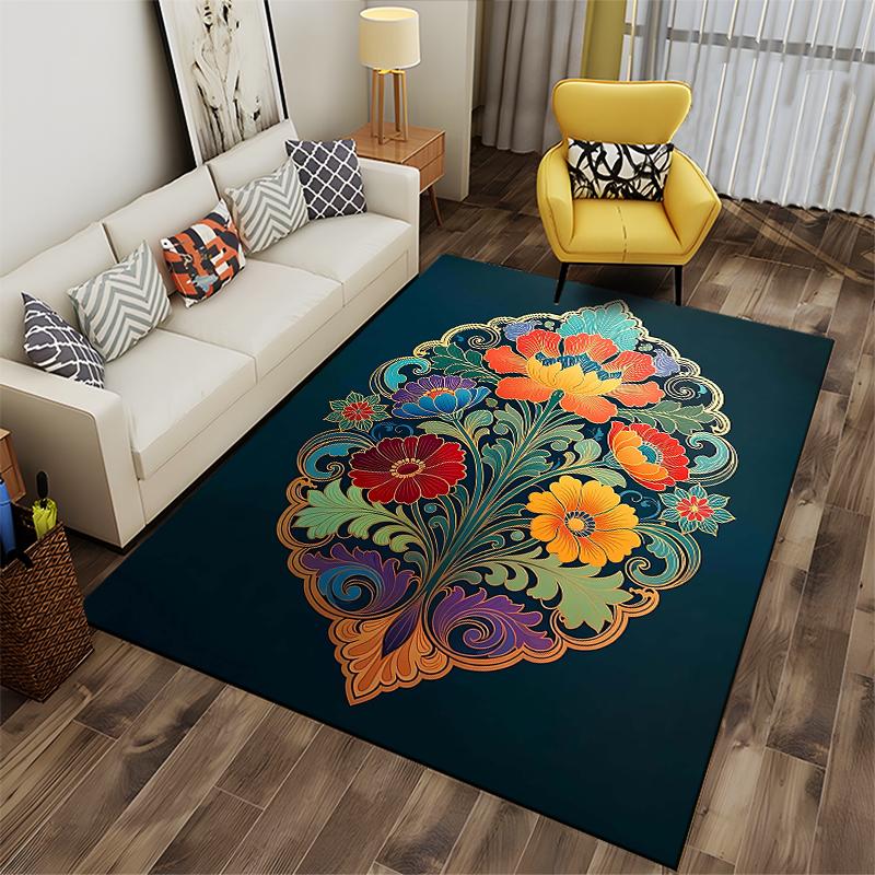 Colorful Floral Pattern Carpet, Bohemian Style, Dark Green Base Suitable for Use As an Anti-slip for Living Room Bedroom Sofas