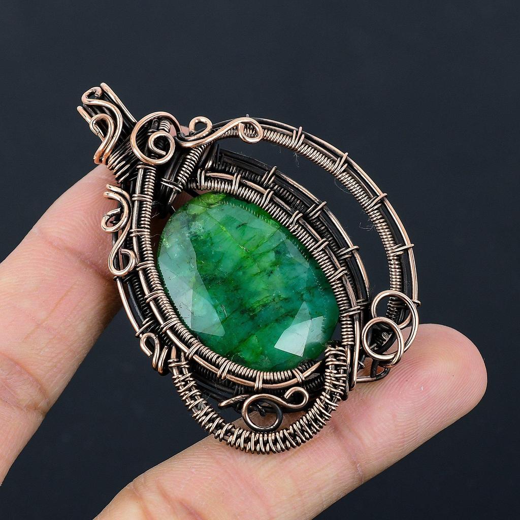 Emerald Pendant, 999 Copper Wire Wrapped Pendant Gemstone Jewelry, Handmade Pendant Amazing Jewelry, Gift For Her