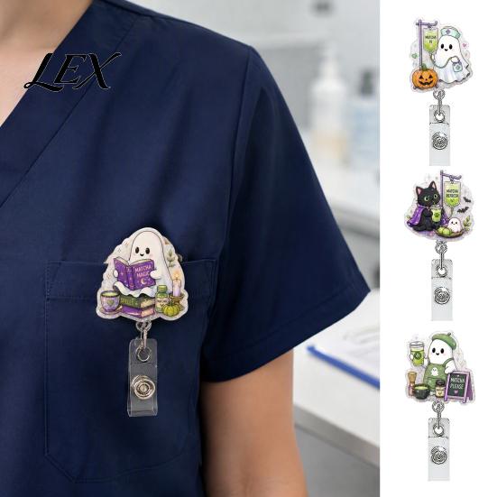 Retractable Badge Holder Halloween Reel, Ghost Black Cat And Pumpkin Design, Acrylic Id Reel 360 Degree Rotating ID for Nurses Office Staff Decor