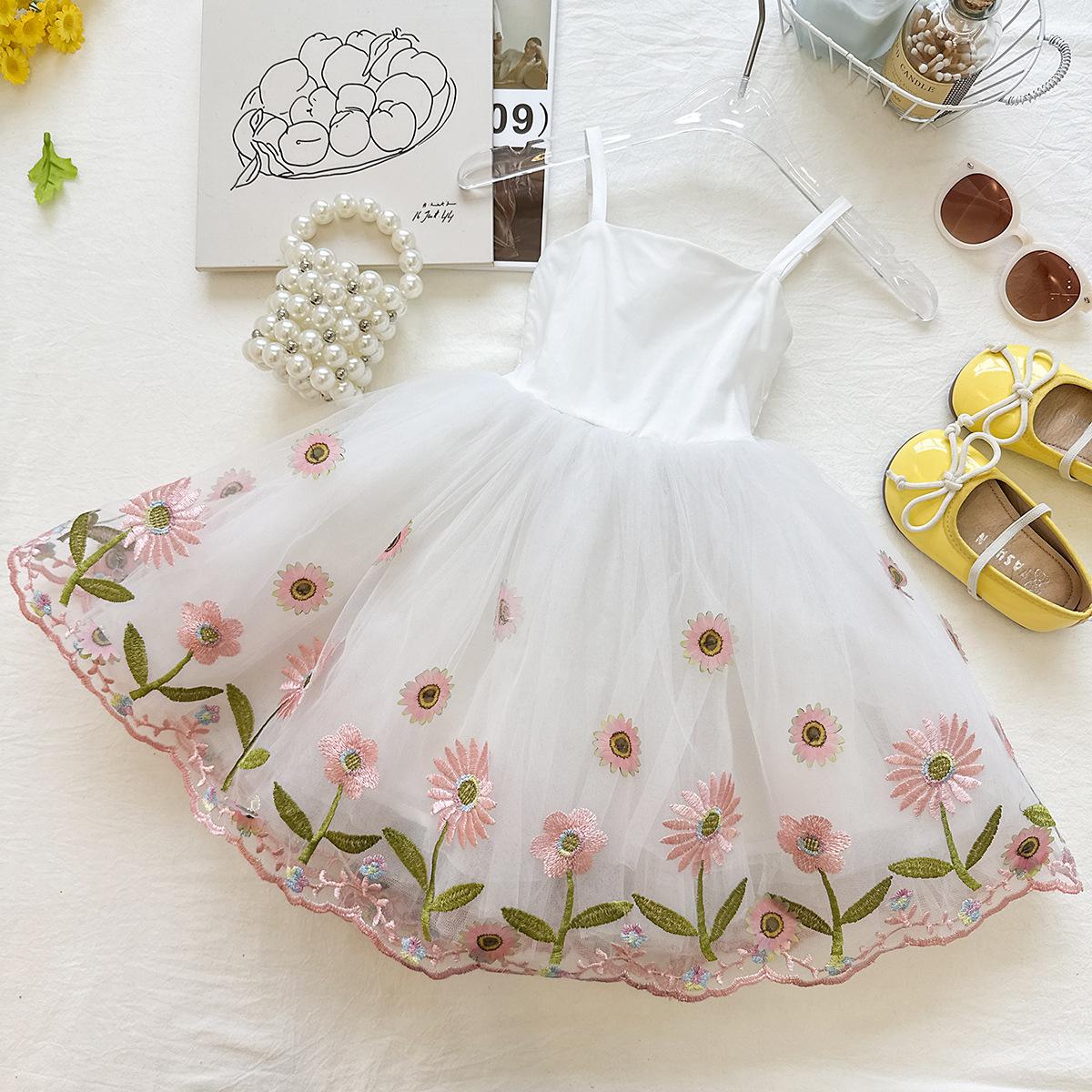 Summer Girls Floral Embroidered Spaghetti Strap Tulle Princess Dress Cute Party Sundress For Kids 90cm