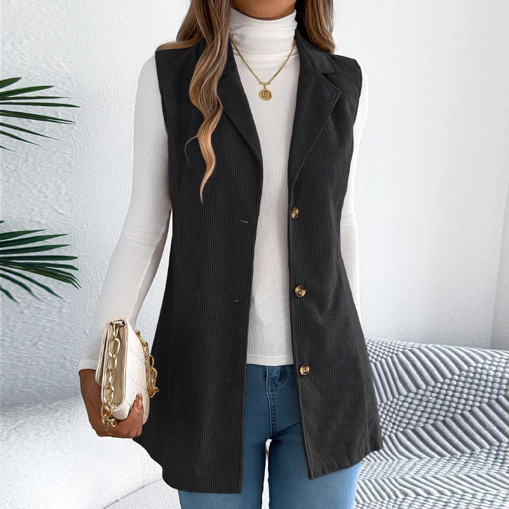 Women's Fashionable Solid Color Sleeveless Lapel Button Vest Jacket