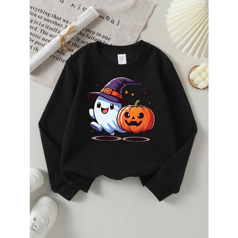 European sizes Girls' Long-Sleeve Crewneck Sweatshirt "Pumpkin" Printed Top, Casual for Celebrations & Everyday Wear