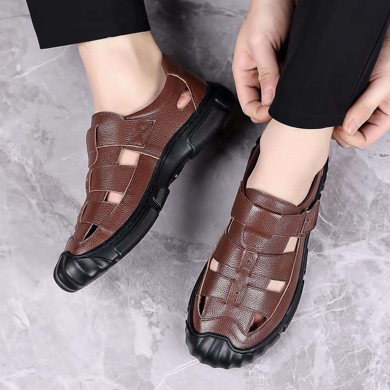 

2025 summer leather sandals dad middle-aged men s leather hollowed-out men s shoes soft-soled men s sandals non-slip breathable non-slip 44 светло-коричневого