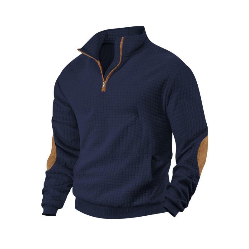 Men's Casual Sports Sweatshirt Jacquard Small Checkered Stand Collar Half Zipper Solid Color Loose Top