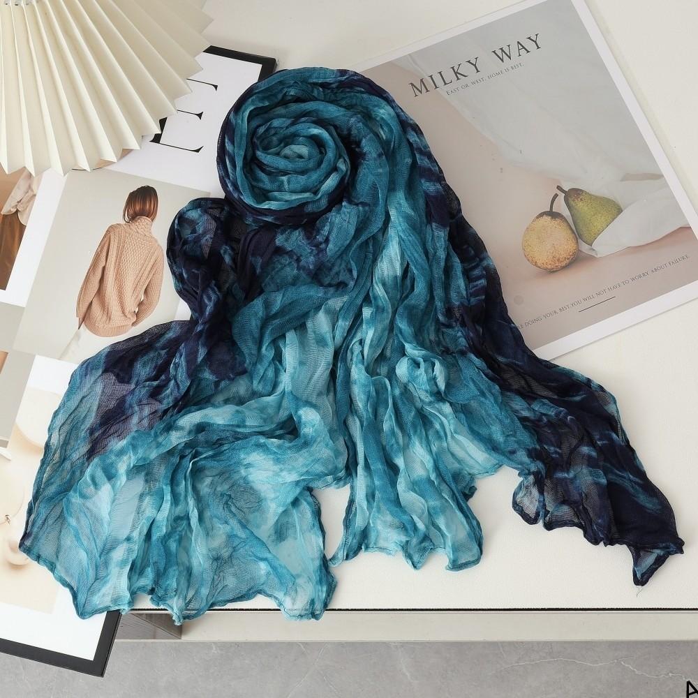 Tie Dye Gradient Cotton Linen Scarf Vintage Retro Pleated Printed Scarf Luxury Brand Designer Long Shawl Wrap For Autumn Winter