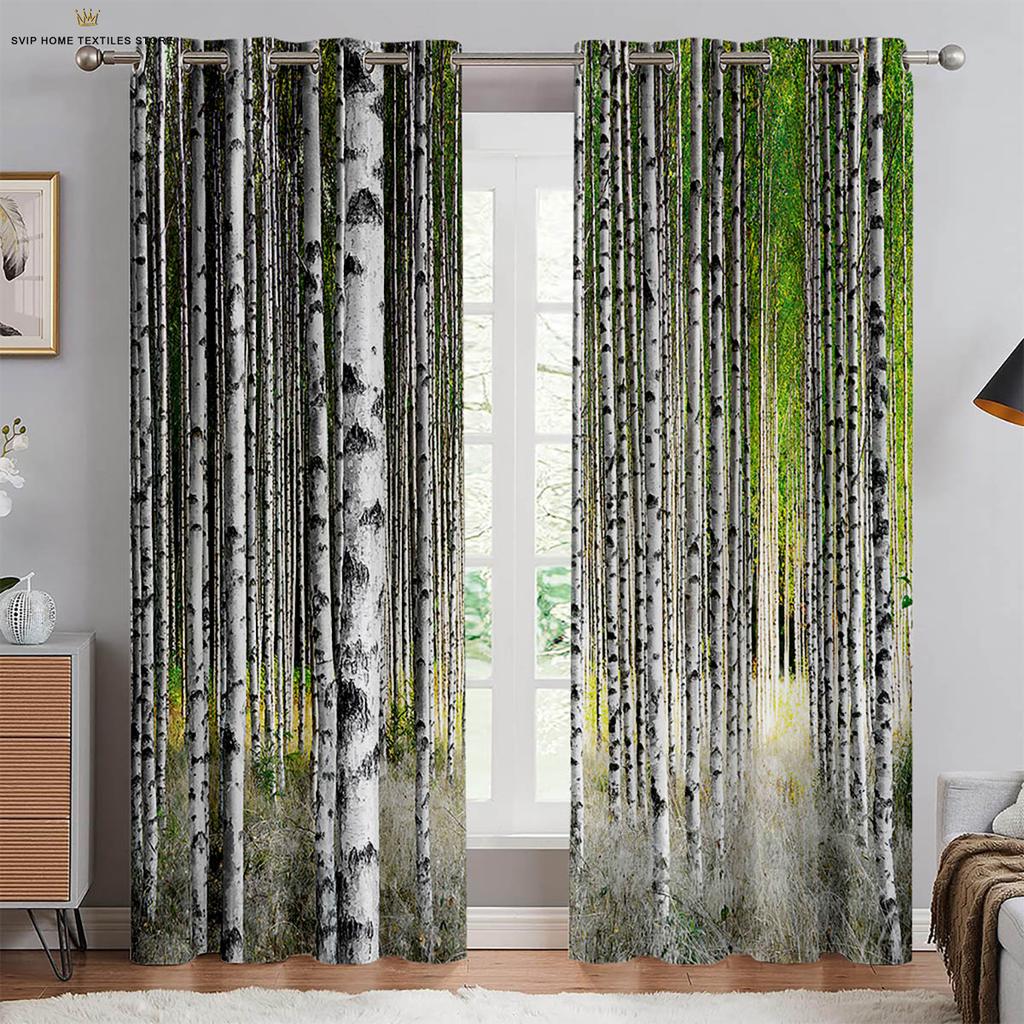 Autumn Forest Scenery Curtains, 3D Printed Curtains, Pastoral Style, Polyester Fiber, Bedroom, Living Room Decoration, 2 Pcs