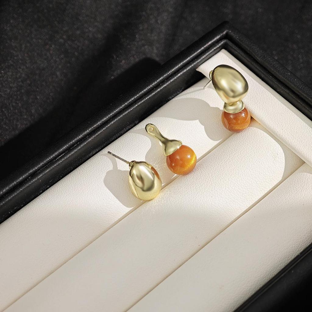 Silver Needle Maillard Tiger Eye Oval Two-Way Stud Earrings - Light Luxury, High-End Style for Women