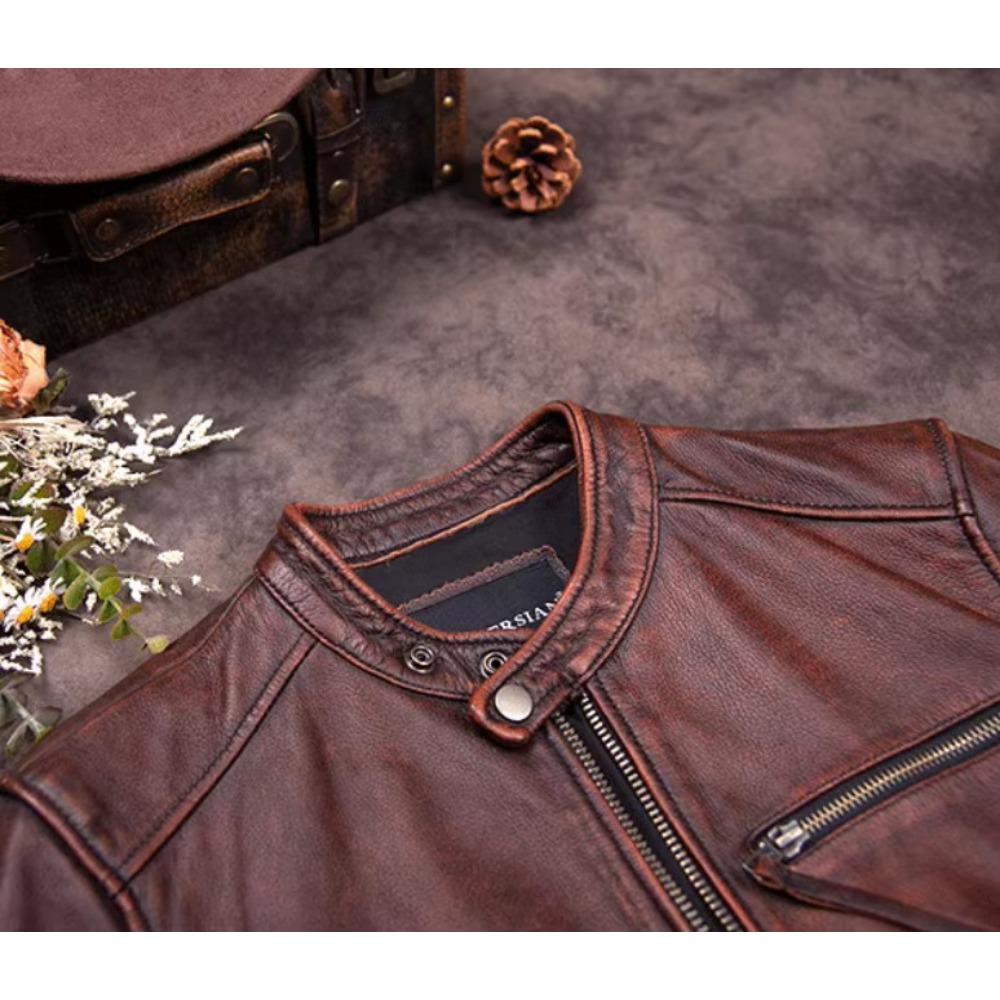 Chinese Size Vitnage Red Brown Men Leather Jacket Cowhide Leather Motorcycle Style Genuine Cow Jackets for Men Autumn