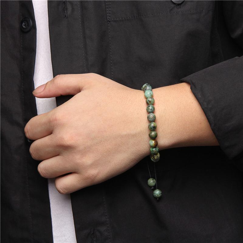 Pulseira trançada de pedra natural, jades verdes, turquesas africanas, contas, pulseiras de corda ajustáveis para homens e mulheres, presente criativo