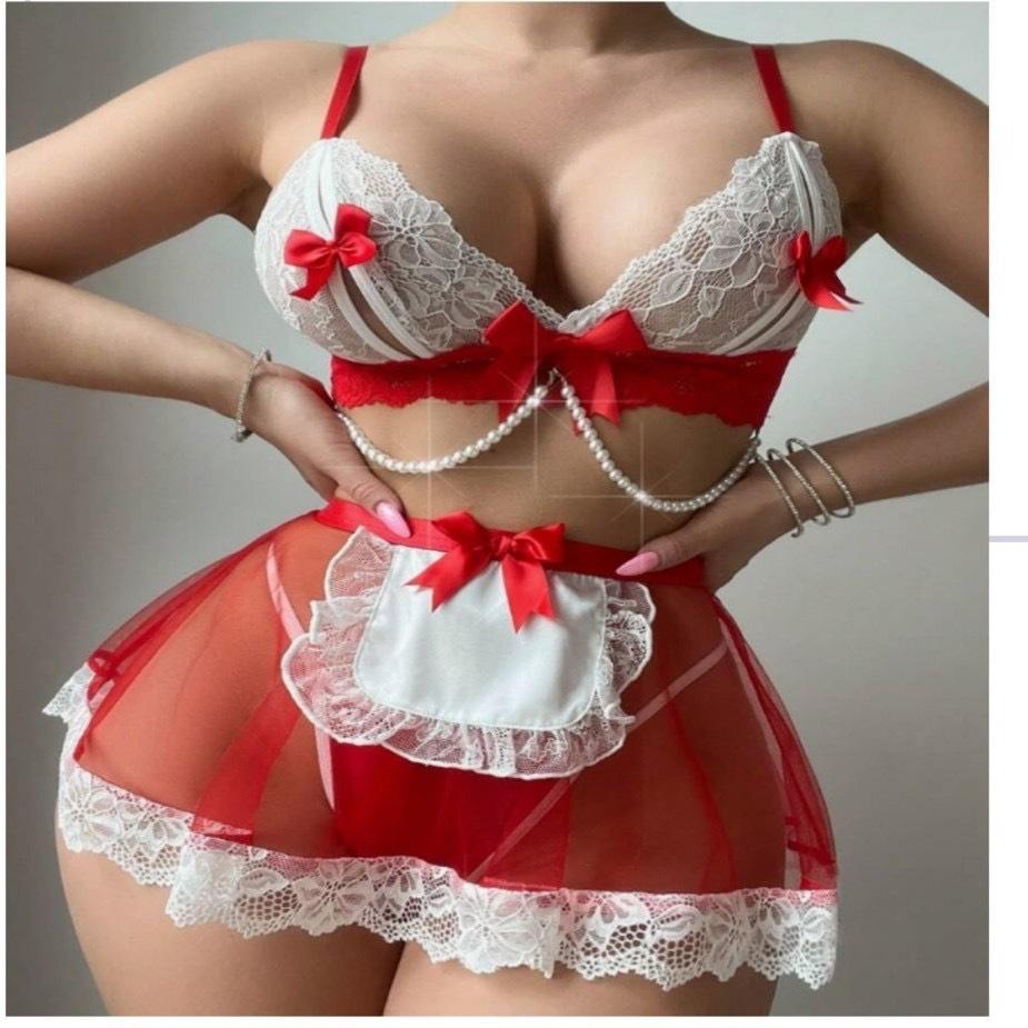 3XL Plus Size Sexy French Apron Maid Lingerie Outfits Pearl Bow Lace Perspective Babydoll Cosplay Princess Lolita Maid Uniform