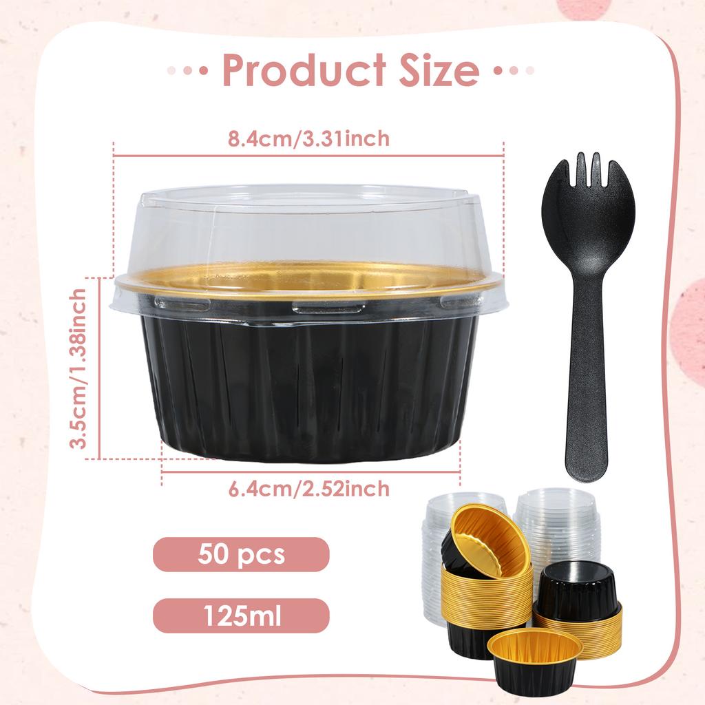 50Pcs 5oz Mini Baking Cups Aluminium Foil Cake Pans with Lids Spoons Heat Resistant Cupcake Muffin Liners for Gatherings Parties