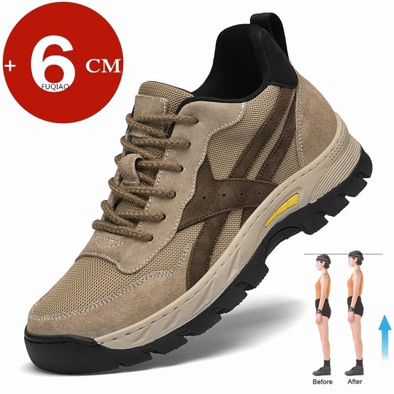 Men's Breathable Genuine Leather & Mesh Hidden Elevator Casual Sneakers Lift Outdoor Sports Work Hiking Height Increasing Shoes