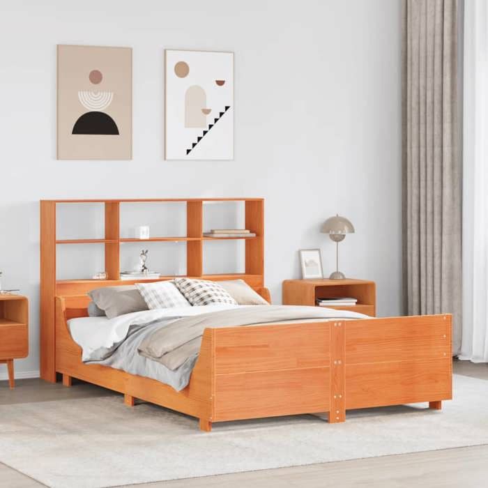 VidaXL Lit bibliothèque sans matelas cire marron 120x200cm bois massif, lit, meuble de chambre à coucher, lit avec 3323811