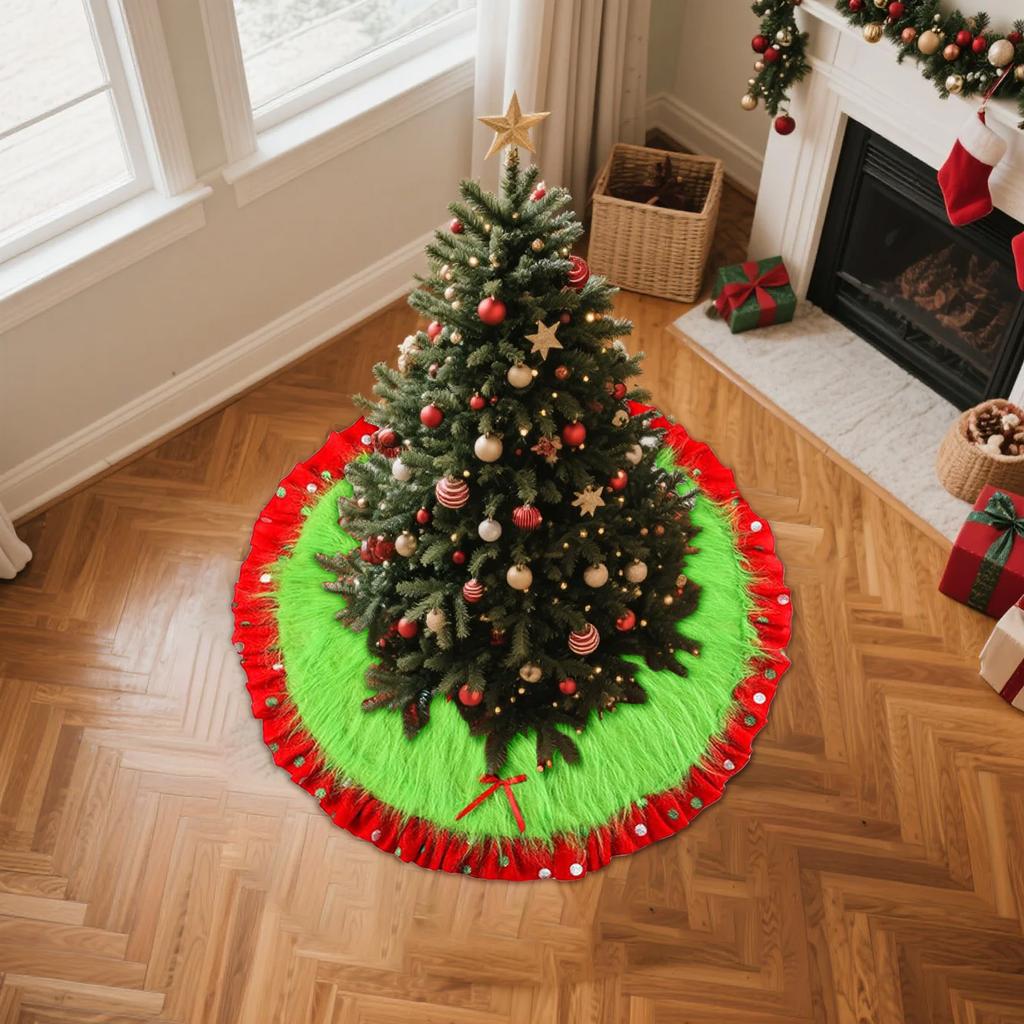 Red And Green Christmas Tree Skirt Furry Plush Christmas Tree Skirts Holiday Glittering Dot Mat Faux Round Carpet For Home Xmas Party Decor