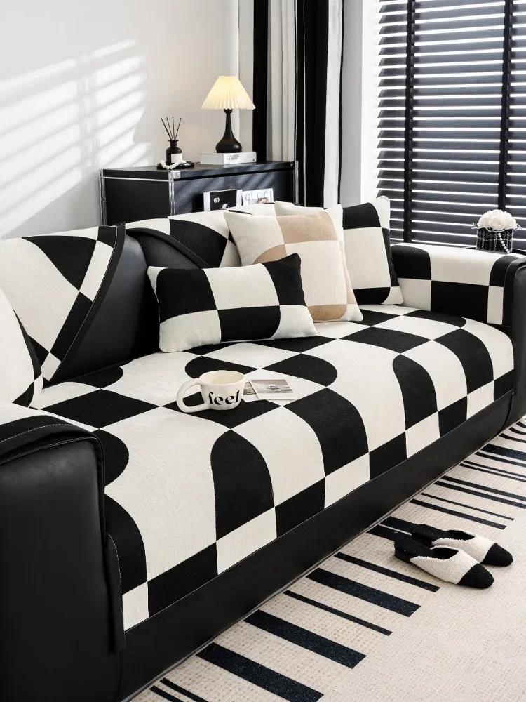 Chenille Sofa Cover Non Slip Four Seasons Universal Black White Checkerboard Pattern Sofa Cushion Anti Cat Scratching Sofa Cover