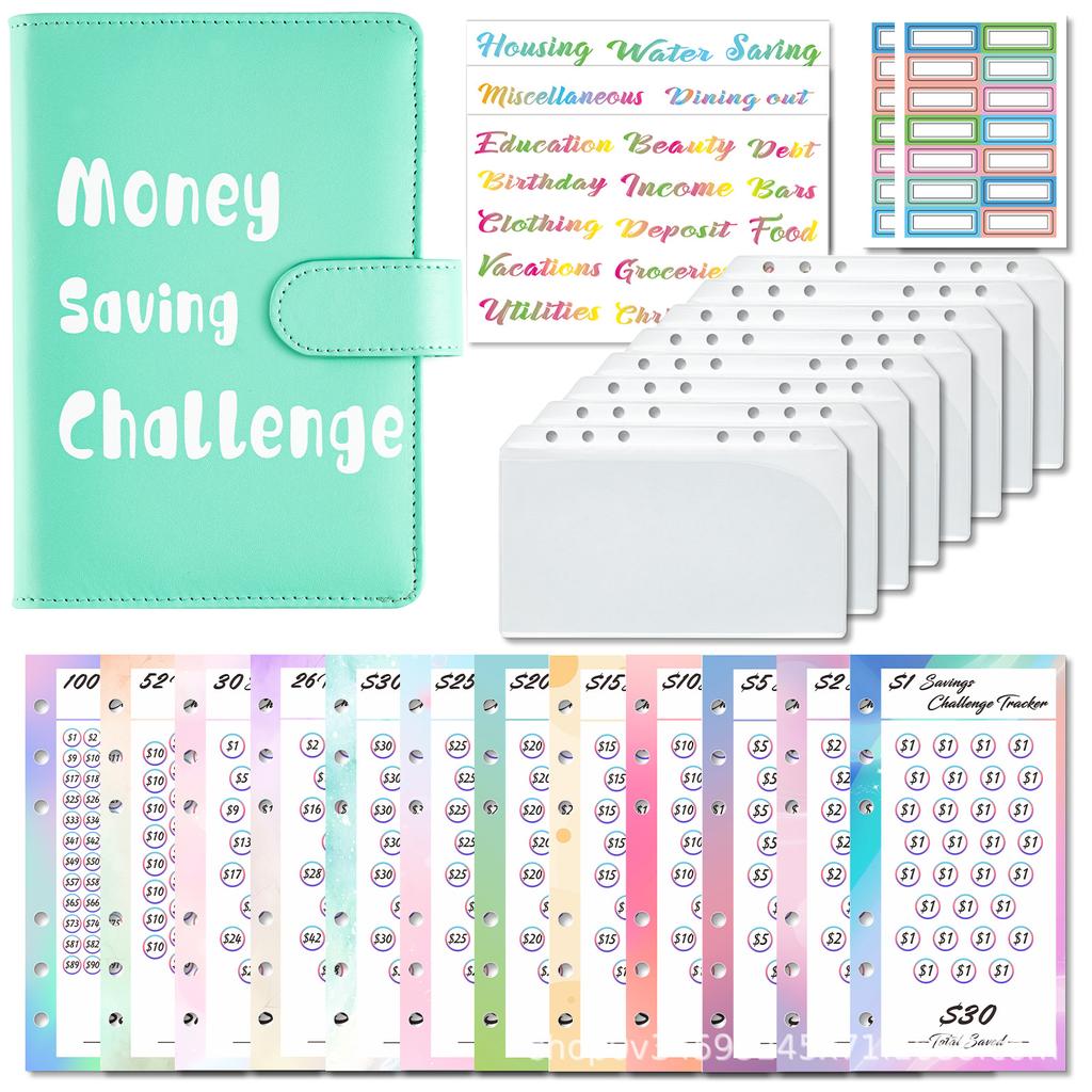 A6 Money Saving Challenge PU Cover Budget Planner Notebook Loose-leaf Book Money Planner Diary Customizable
