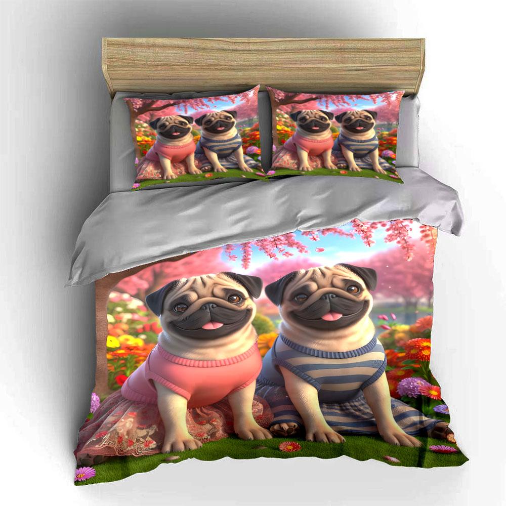 "Charming pugs in bloom." Bedding sets Duvet covers Pillowcases(1* Duvet Cover 2* Pillowcases without duvet insert)