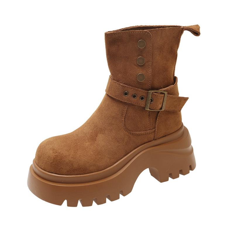 Thick-soled Versatile Two-wear Belt Buckle Medium Boots Retro Maillard Boots Women's Autumn and Winter Design Sense Martin Boots Short Boots