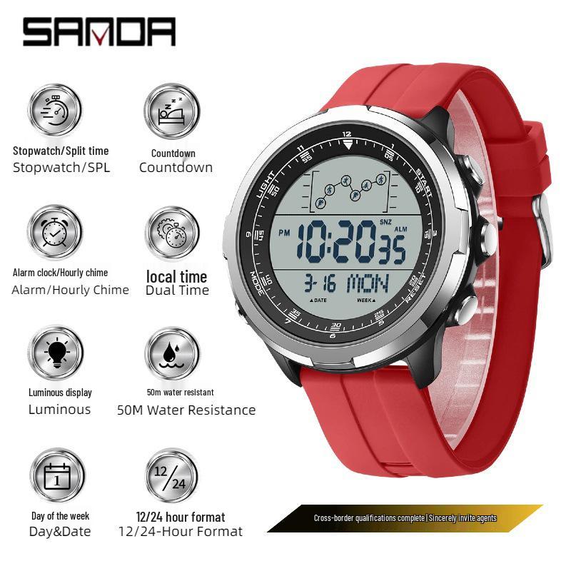 Sanda Sports Fashion Watch: Segmented Timer, Calendar, Luminous Dial, Large Face, Simple Student Design.