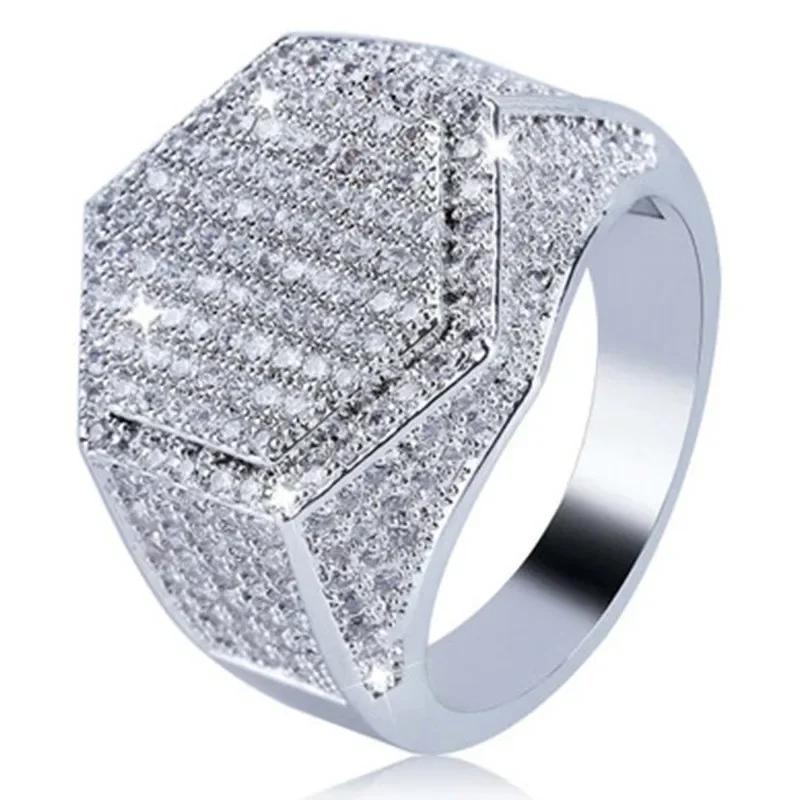 2023 Trendy Golden Full Crystal Geometric Men's Ring Business Style Party Wedding Fashion   Male Hand Accessories