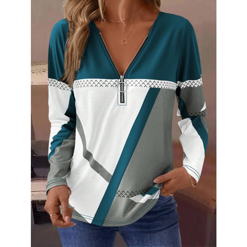 LanaWest Damen Casual Herbst/Winter Langarm-T-Shirt mit halbem Reißverschluss am Ausschnitt, Grafik-T-Shirts mit geometrischem Print, Damenoberteile für den Frühling
