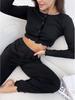 European-American Women's Long-Sleeve Knit Jacquard Top & Wide-Leg Pants Set - Casual Homewear