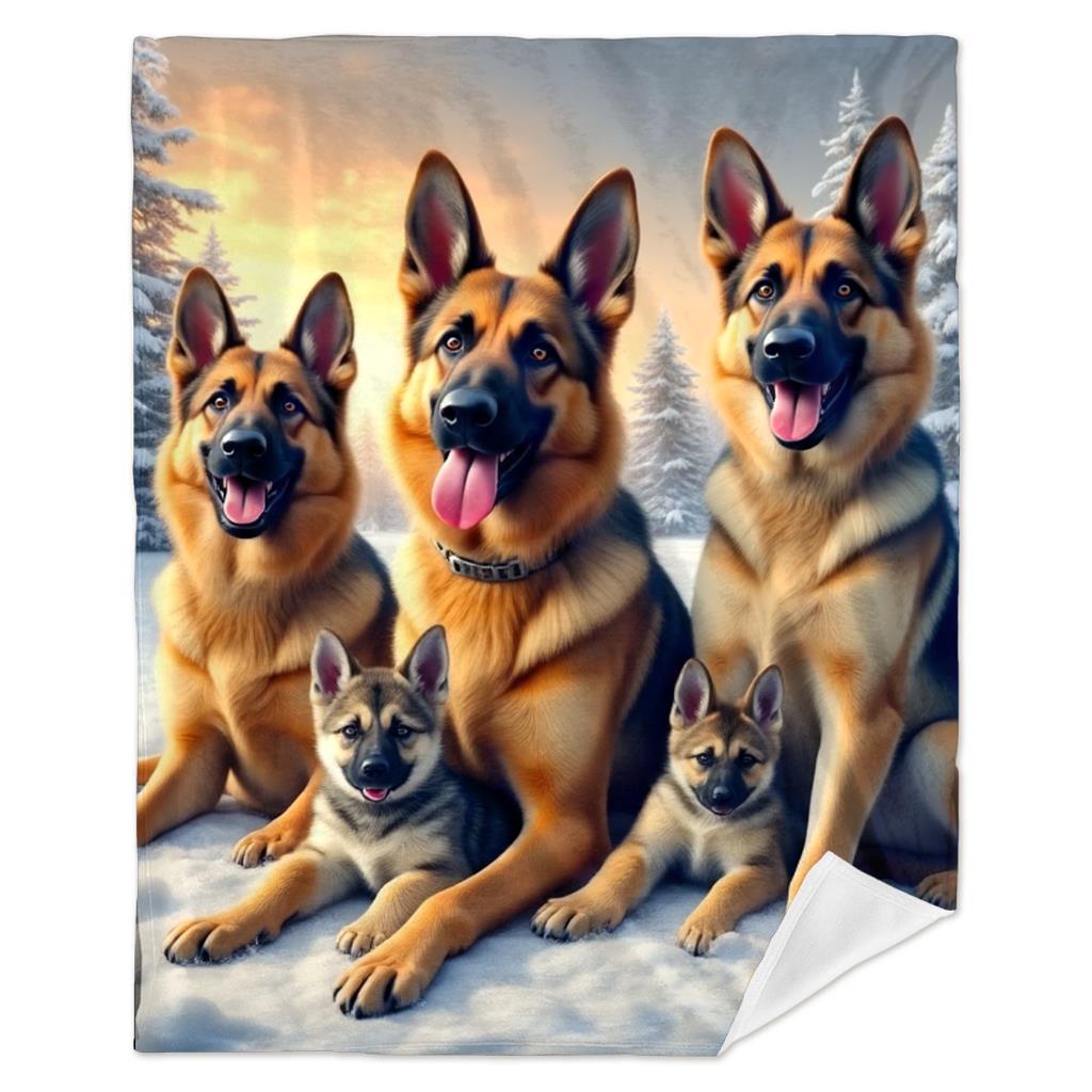 German Shepherd Dog Family Fleece Blanket Winter Snow Scene Soft Cozy Throw Pet Lover Gift Home Decor for Dog Owners100x130
