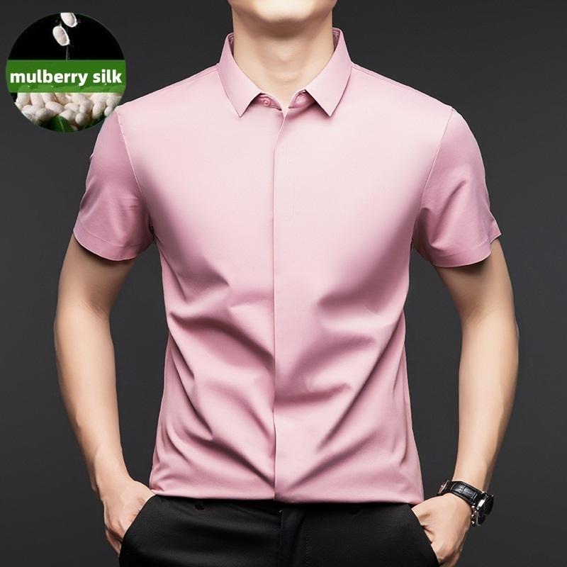 High end Mulberry Silk Dress Shirts Business Men Wrinkle Resistant Button Invisible Elastic Tops Luxurious Male Quality Clothing
