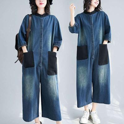 Damen Frühling/Herbst Denim Jumpsuit Retro-inspiriert mit aufgesetzten Taschen Weitbeinige Overalls