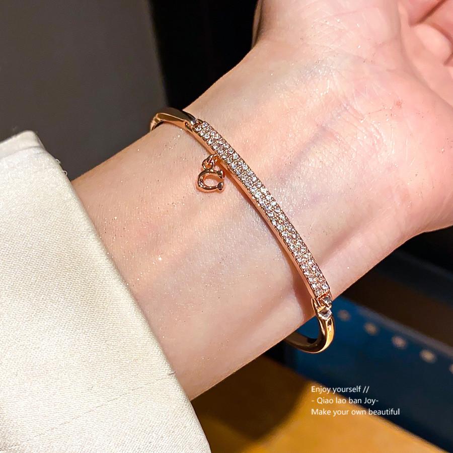 Minimalist Rose Gold Copper Bracelet With Embedded Diamonds For Fashion And Office Wear