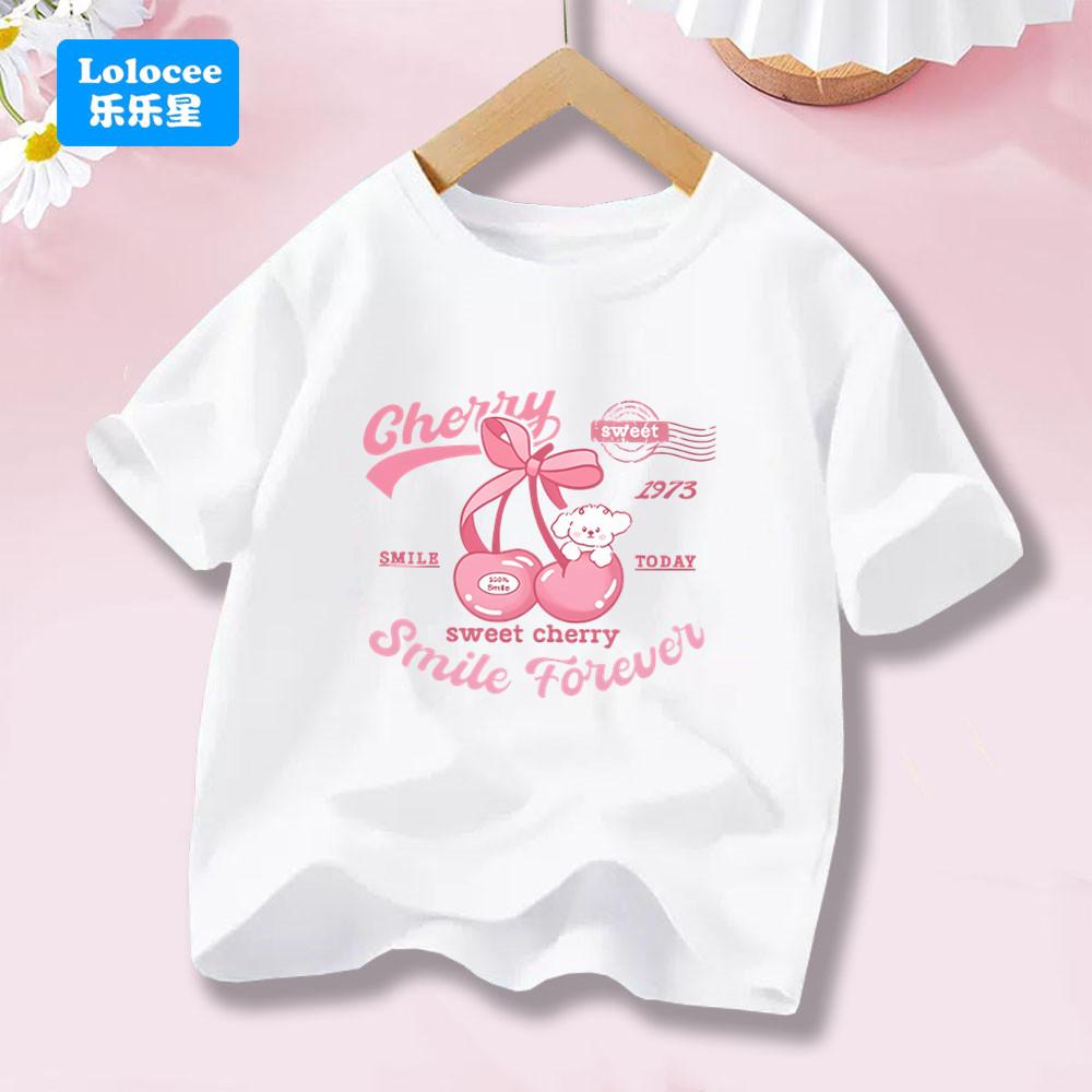 Girls  Fashion T-shirt, Cherry Fruit Pattern Short Sleeves, Cute Girls  Summer T-shirt 100