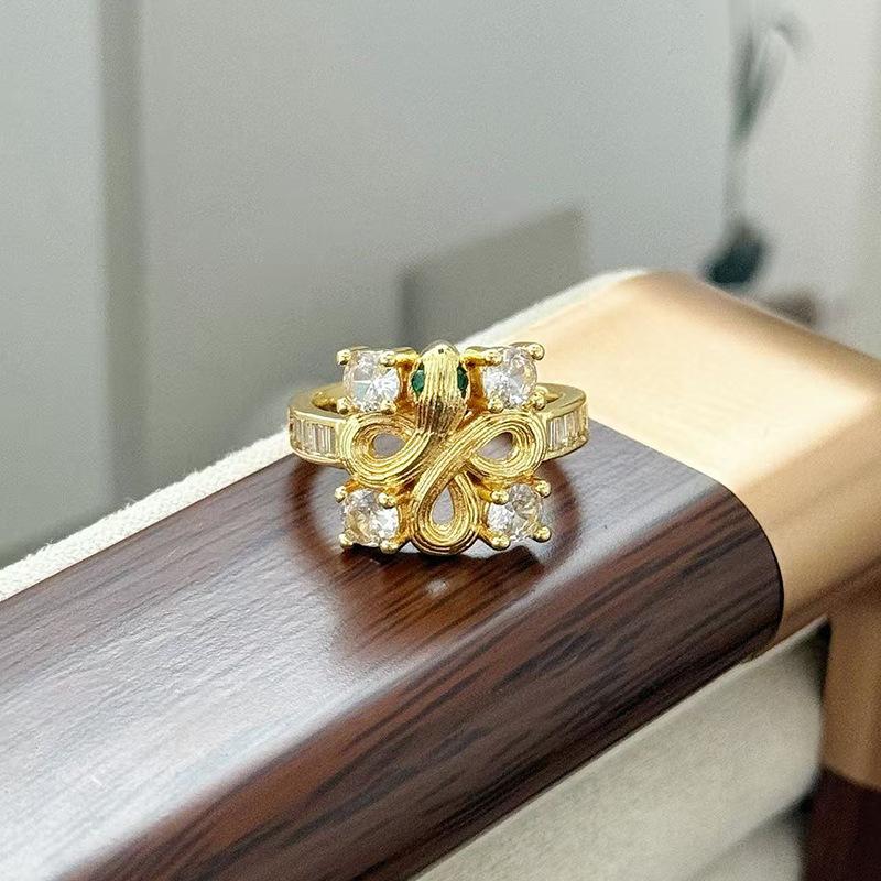 Medieval Vintage Flower Butterfly Brushed Opening Ring Light Luxury Niche Exquisite Zircon High-End Ring Woman