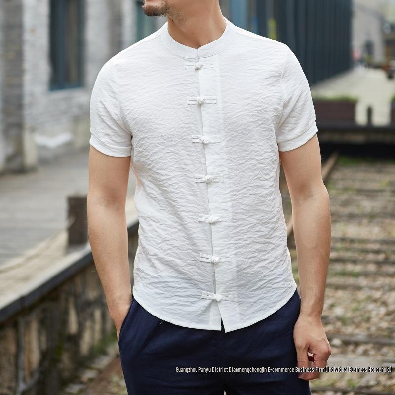 Men's 2024 Summer Chinese Style Frog Button Stand Collar Short Sleeve Plus Size Shirt