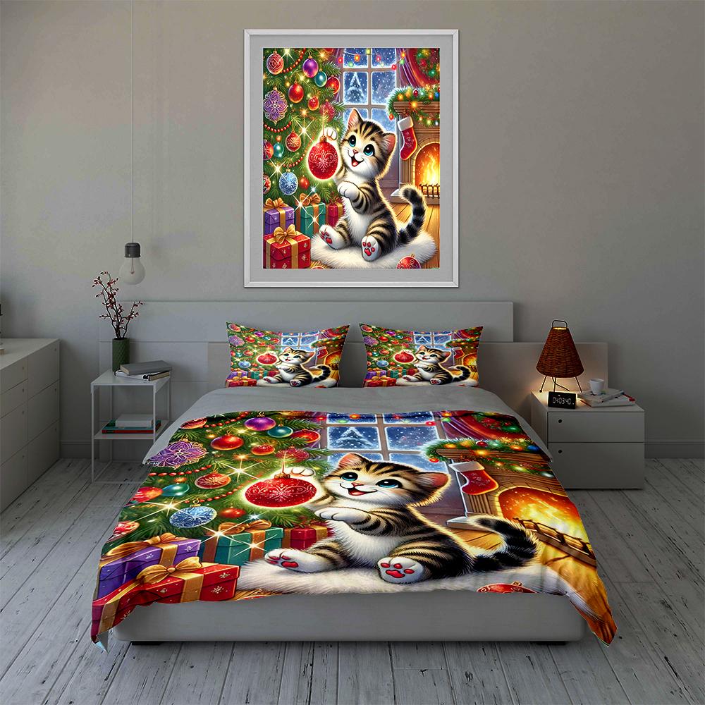 Festive kitten scene Bedding Duvet cover sets Duvet covers Pillowcases gifts (1 * Duvet Cover 2 * Pillowcases, without duvet insert)