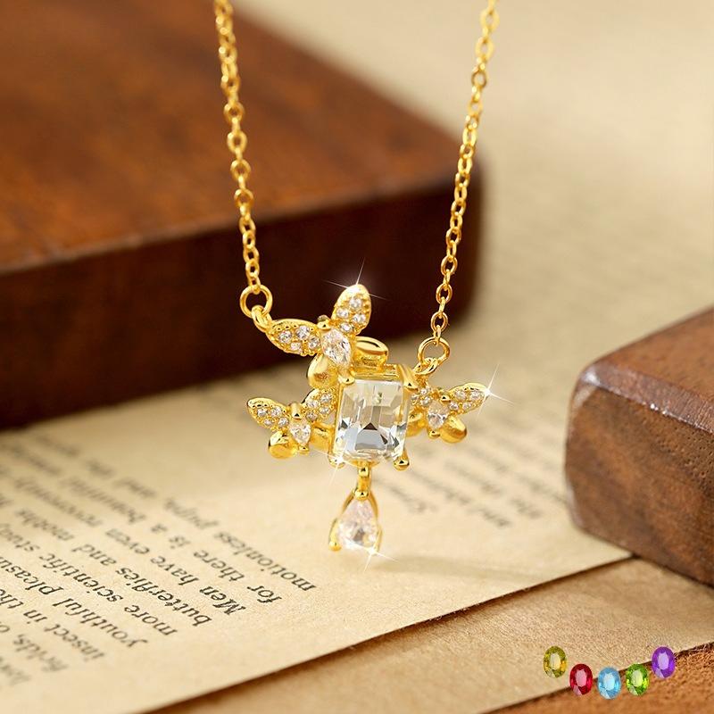S925 Sterling Silver Natural Stone Fan Butterfly Love Fringed Necklace Women's Light Luxury High-end Collarbone Chain Fashion Retro Jewelry Gift