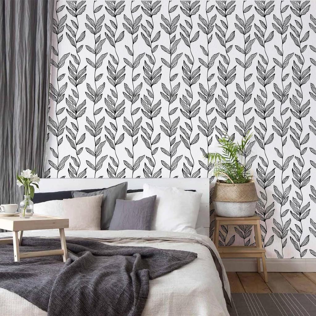Black Breezy Leaves Peel and Stick Self-Adhesive Wallpaper Removable Leaf Contact Paper for Bathroom Wall Decor