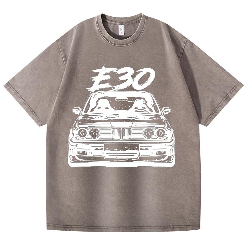 Retro Vasket Vintage T-skjorte E30 Bil 100% Bomull T-skjorte Fleece Tykk Varm Dame Herre Hip Hop Trykket Rund hals T-skjorte