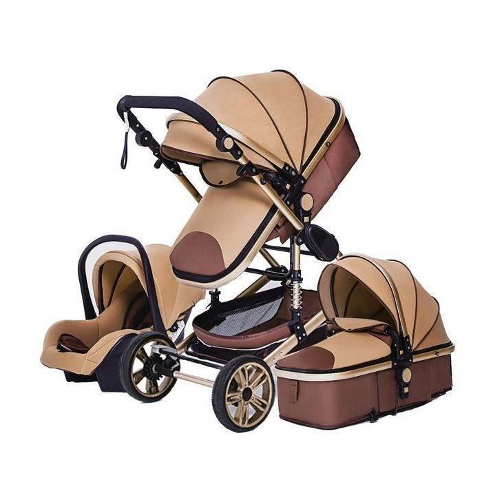 Poussette 3 en 1 Bébé Combinée Siège-Auto Nacelle Trio Réversible Réglable Haute Qualité Roues increvables Canne khaki