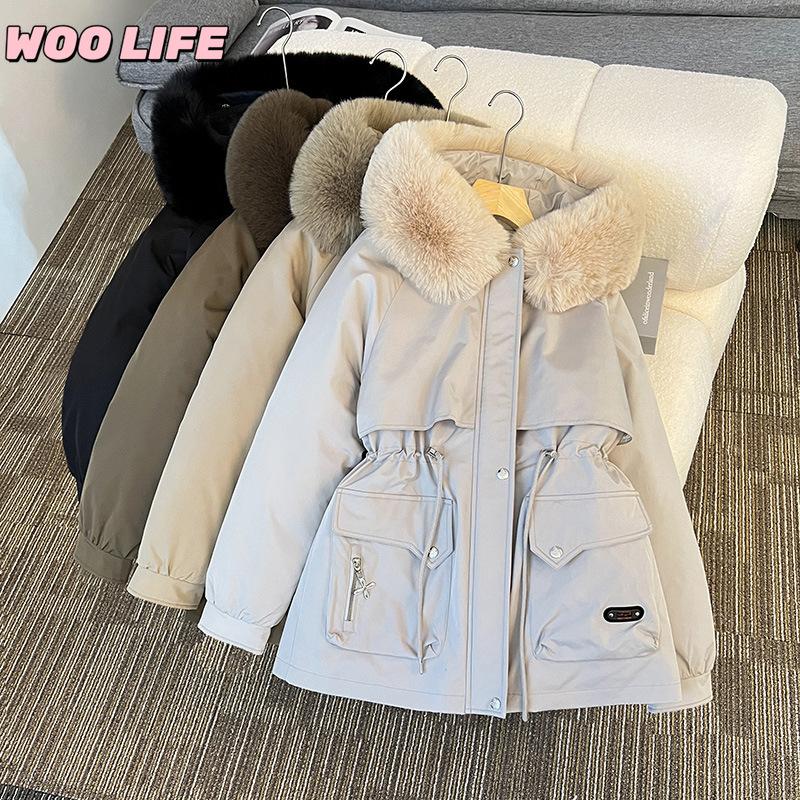 Parker Clothing Women's New Winter All-match Cotton Clothing Plus Velvet Hooded Jacket, Big Fur Collar, Warm Cotton Clothing, Women's Cold Protection