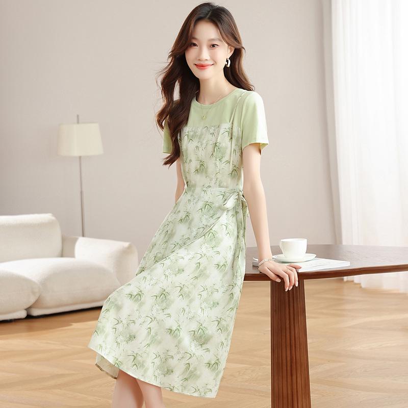 Mint Mambo Green Floral Two-Piece French Style Slim Waist Summer Dress