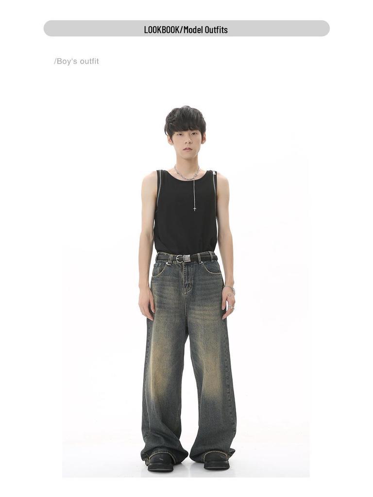 2024 Unisex Retro Hong Kong Style Wide-Leg Jeans - Blue, All-Season