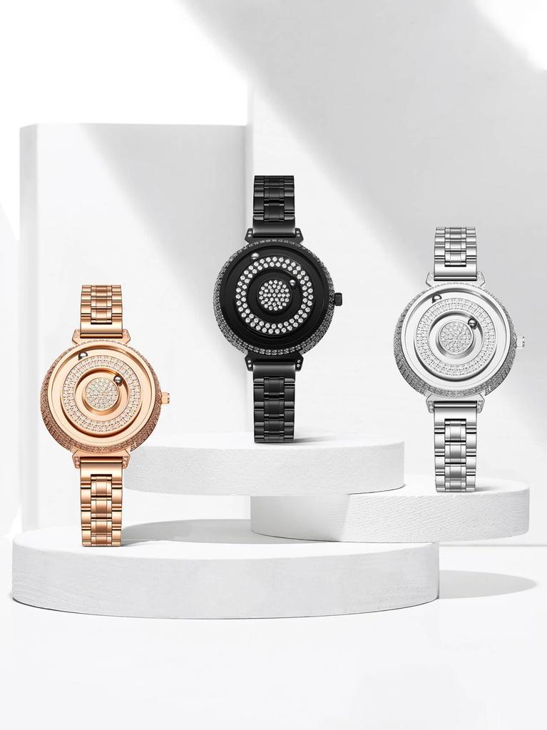 Magnetic Watch with Diamond Watch Quartz Watch Minimalism Casual Waterproof 36MM Black Dial Black Stainless Steel Band [EUTOUR] Women's