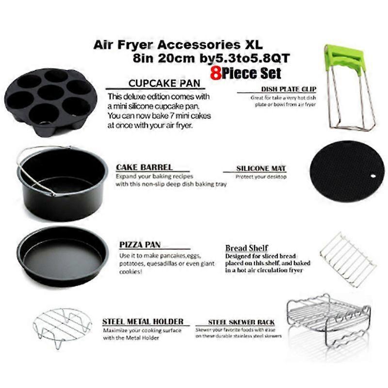 Air Fryer Accessories, Set of 8 Fit for Most 5.8Qt and Larger Oven Cake & Pizza Pan, Metal Holder, Skewer Rack & Skewers, Etc, BPA Free, Nonstick Coat